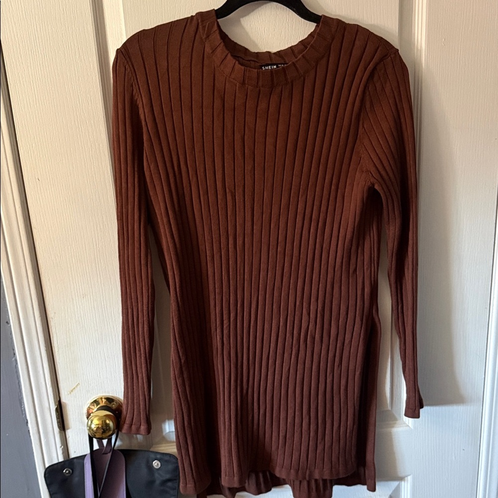 Brown Ribbed Long Sleeve mini Sweater Dress
